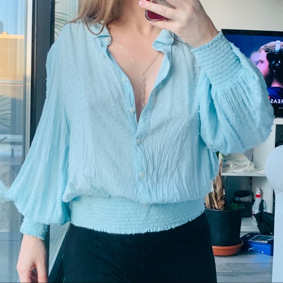 Anthro Maeve Puff Dramatic Sleeves Sky Blue Blouse - Picture 4 of 16